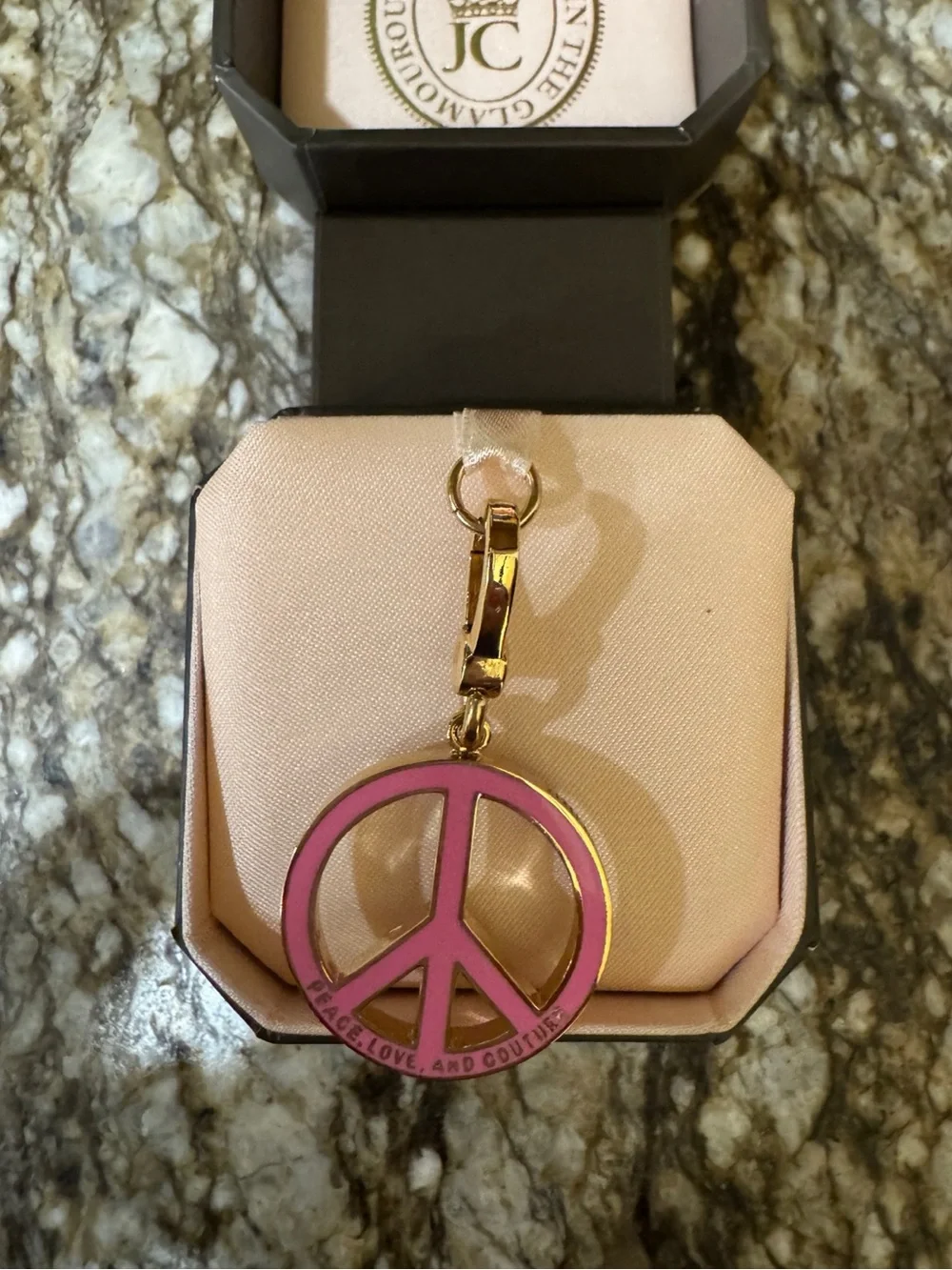 Juicy Couture Rhinestone Peace Sign Charm Gold Tone Pink Enamel Y2K Charm NWT